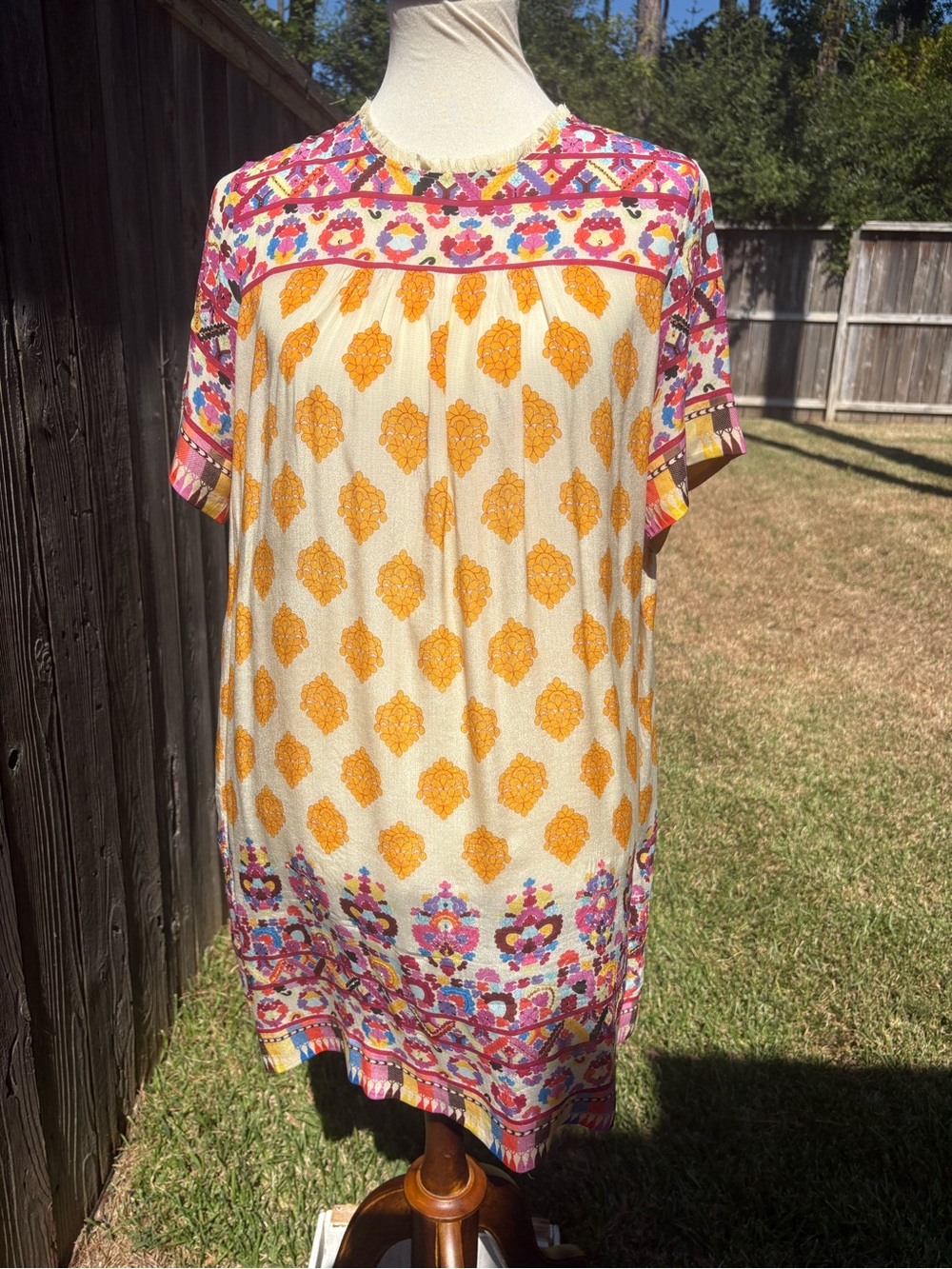 Anthropologie Cream Mini Dress with Mustard Medallion and Pink Floral Trim